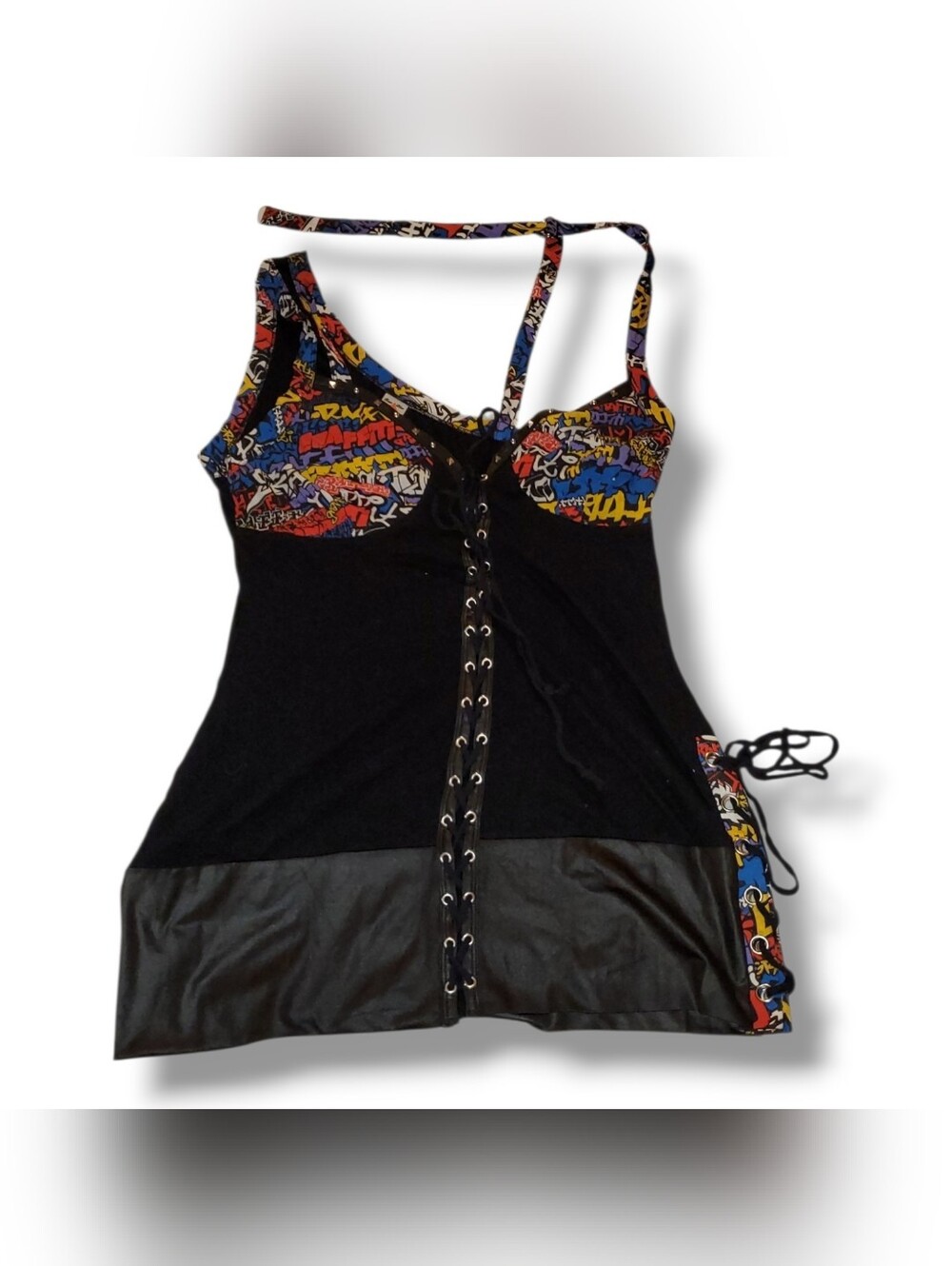 Women’s Black Lace-Up Tank with Multicolor Printed Accents